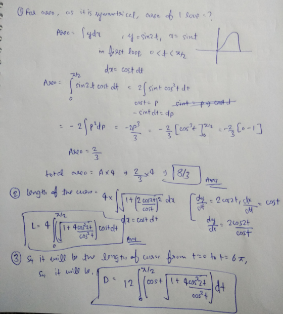 Ofa ogo, it is 쩡w.wota; cal, as aage ( sin24 cost d、 Ace : 2 ( sint cos t dt costz p 3 @) lovgth-4かe us .4s(recoiffda [赞,:2-