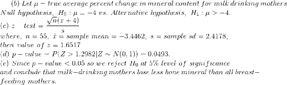 b) Let -true average percent change in mineral content for milk drinking mothers Null hypothesis,-Ho : μ=-4 us. Alternative h