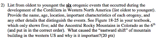 List from oldest to youngest the six orogenic events that occurred during the development of the Cordillera in Western North