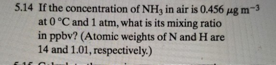 5.14 If the concentration of NH3 in air is 0.456 ugm-3 at 0 °C and 1 atm, what is its mixing ratio in ppbv? (Atomic weights o