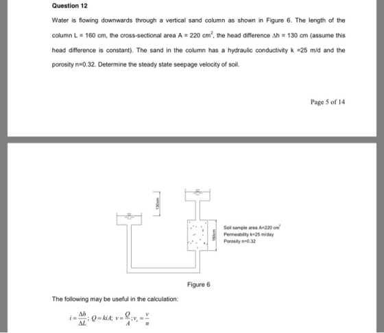 Question 12 Water is flowing downwards through a vertical sand column as shown in Figure 6. The length of the column L 160 cm
