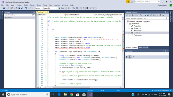 Quick Launch (Ctri+Q) FileWriter-Microsoft Visual Studio File Edit View Project Build Debug Team Tools Test Analyze Window He