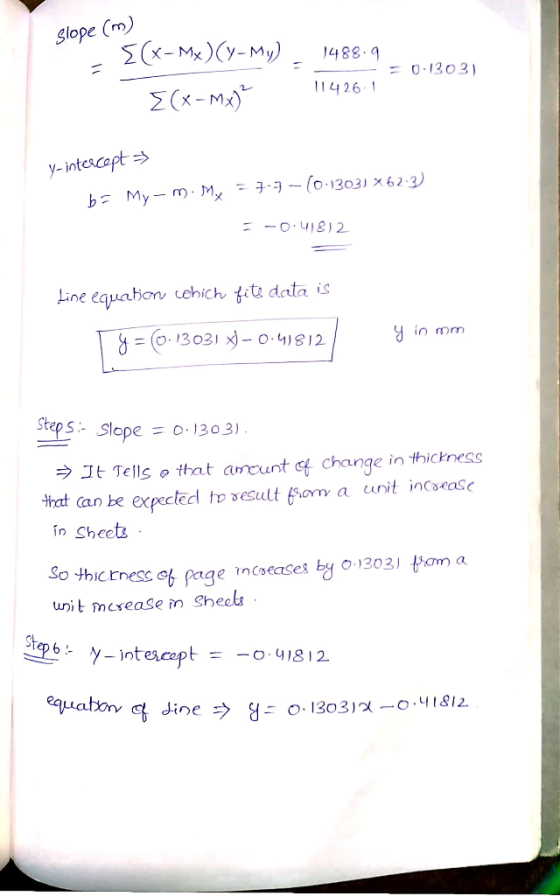 Slope Cm) (x-Mx)y-My) b.88 =0-130 3) 1426 y-intercapt My-m. My - }* - (o-1303) x 62-2) b Line equation cehich tite data is 13