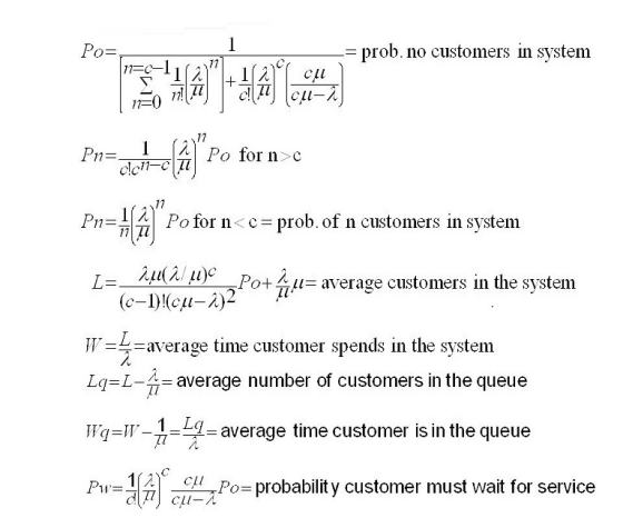 1 prob.no customers in system Po= 71=c-1 12 1 си + (си-2 Po for n>c Pn= clon-c 17 1 Pn Pofor n c prob. of n customers in syst