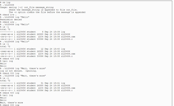 rm log % /2123456 Usage: seclog [-c] out_file message_atring where the message_string is appended to file out_file The -c op