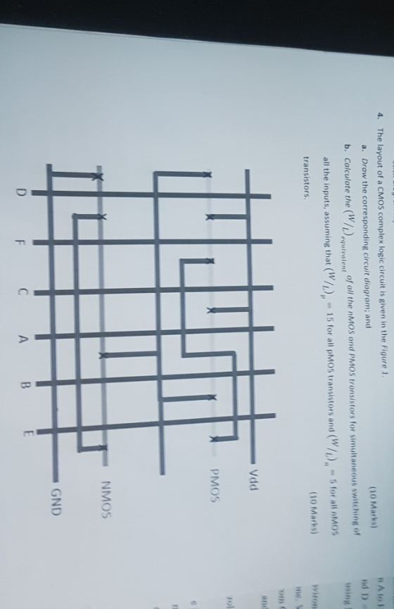 4. The layout of a CMOS complex logic circuit is given in the Figure t n A to l nd D using (10 Marks) qulatent of all the nmo