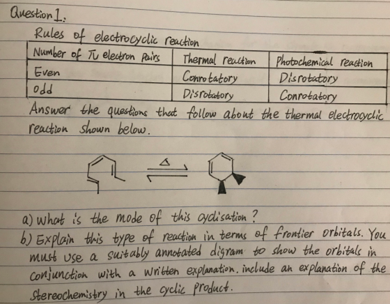 Rules of electrocyclic reaction Number ofんelectron Rirs | Thermal raction | Photochemical radion Conrotatory Disrobatory Answ