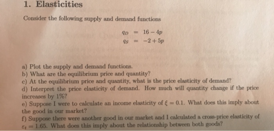 1. Elasticities Consider the following supply and demand functions AD = 16-4p Is2 +5p a) Plot the supply and demand functions