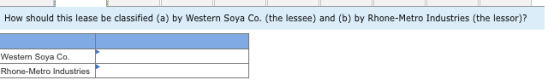 How should this lease be classified (a) by Western Soya Co. (the lessee) and (b) by Rhone-Metro Industries (the lessor)? West