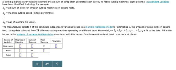 A clothing manufacturer wants to estimate the amount of scrap cloth generated each day by its fabric cutting machines. Eight