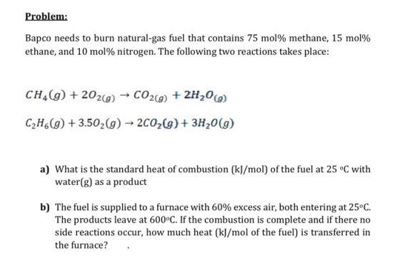 Problem: Bapco needs to burn natural-gas fuel that contains 75 mol% methane, 15 mol% ethane, and 10 mol% nitrogen. The follow