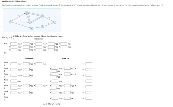 Problem 6-23 (Algorithmic) Find the shortest route from node 1 to node 7 in the network shown. If the constant is 1 it must