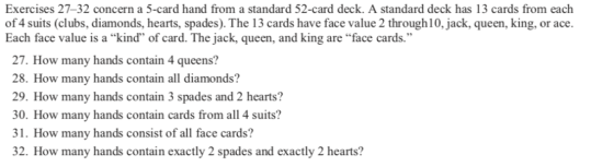 Exercises 27-32 concern a 5-card hand from a standard 52-card deck. A standard deck has 13 cards from each of 4 suits (clubs,