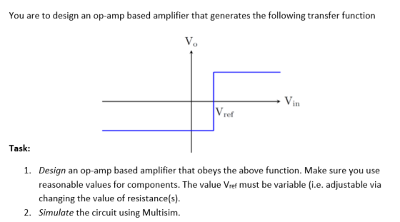 You are to design an op-amp based amplifier that generates the following transfer function Vref Task: Design an op-amp based
