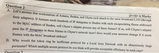 Question 2 3+3]= 6 Marks A. Lets assume that workstations of Asmara, Bushra, and Chyna each attach to the same broadcast LAN
