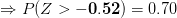 \Rightarrow P(Z>\mathbf{-0.52})=0.70