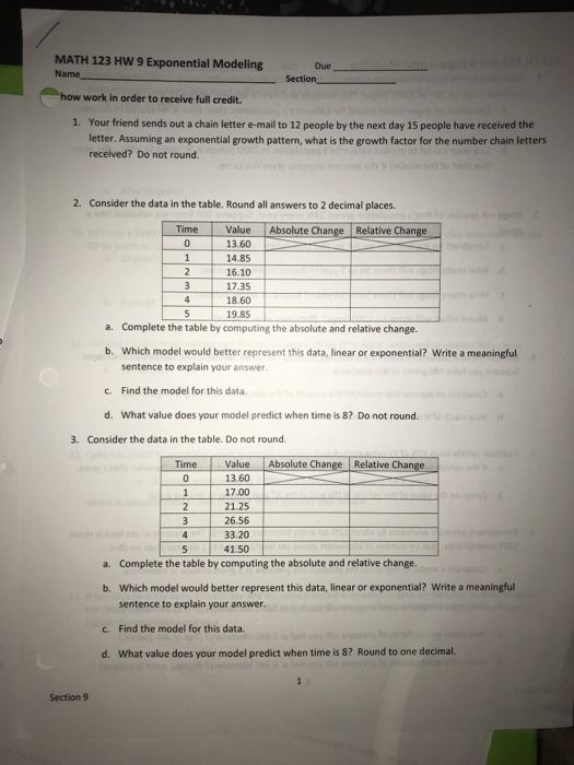 MATH 123 HW 9 Exponential Modeling Name Due Section work in order to receive full credit. Your friend sends out a chain lette