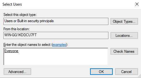 Select Users Select this object type: Users or Built-in security principals Object Types... From this location WIN-GG1KDDCU7F