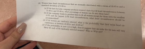 (4) Women have bead circumferences that are normally distributed with a mean of 22.65 in and a (a) If the hats by Leko compan