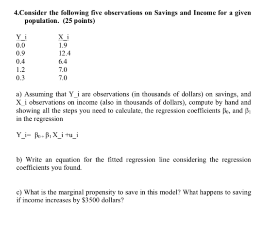 4.Consider the following five observations on Savings and Income for a given population. (25 points) Y i 0.0 0.9 0.4 12.4 6.4