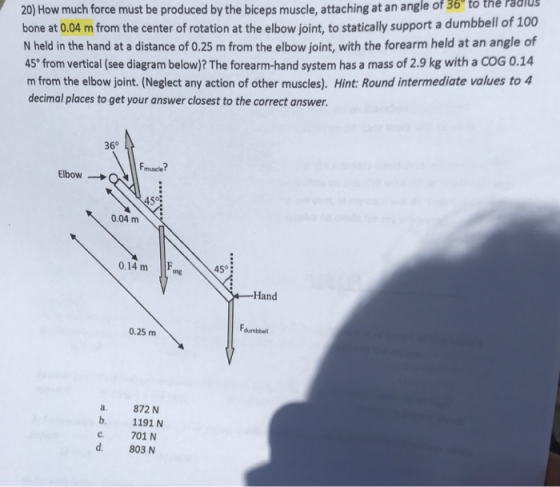 bone at 0.04 m from the center of rotation at the elbow joint, to statically support a dumbbell of 100 N held in the hand at