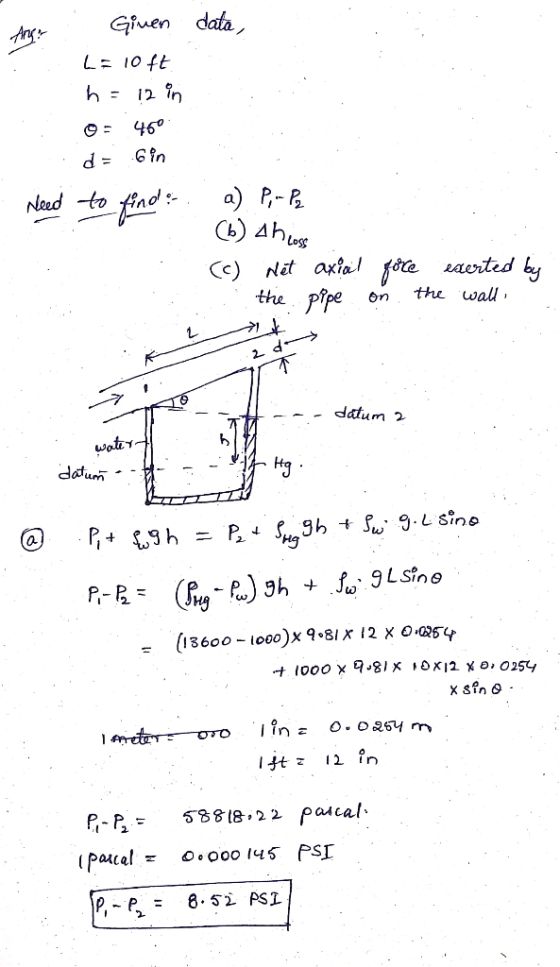 data Giuen L: 10 ft = 4 12 in 460 in d = finda) P-R ь) дhes Need-to Cc) Nit axial e aerted b the pipe the wall 2. datum 2 wat