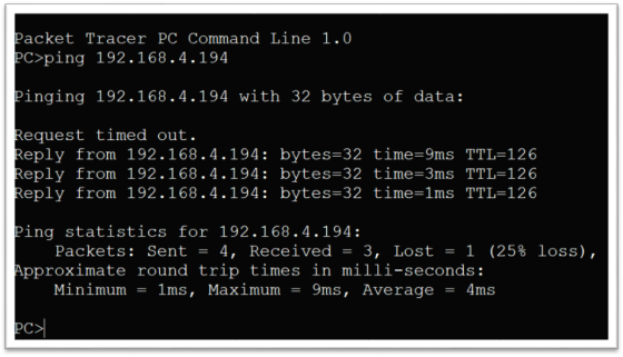 Packet Tracer PC Command Line 1.0 PC>ping 192.168.4.194 Pinging 192.168.4.194 with 32 bytes of data: Request timed out. Reply