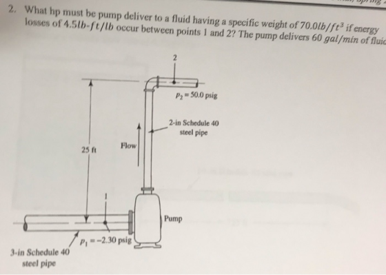 2. What hp must be pump deliver to a fluid having a specific weight of 70.0lb/ft if energy losses of 4.5tb-ft/lb occur betwee