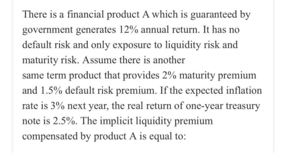 There is a financial product A which is guaranteed by government generates 12% annual return. It has no default risk and only