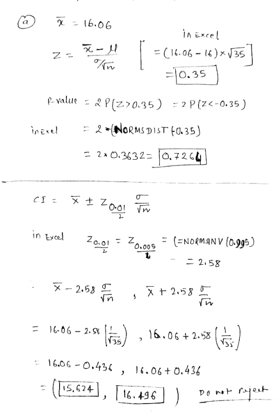 16.06 a iA Excel - (16.06-)x35 X O,35 P-value - P(z0.35)=2 P (z<-0.35) NORMS DIST O.35) nExel z 2 O.3632- O,72 6 in tycel (EN
