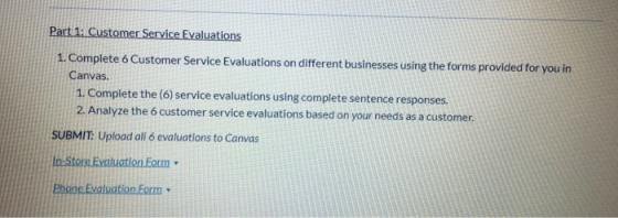 Part 1: Customer Service Evaluations 1. Complete 6 Customer Service Evaluations on different businesses using the forms provi