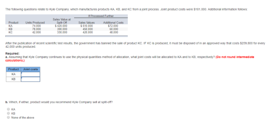The following questions relate to Kyle Company, which manufactures products KA KB, and KC from a joint process. Joint product