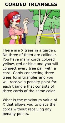 CORDED TRIANGLES There are X trees in a garden. No three of them are collinear You have many cords colored yellow, red or blu