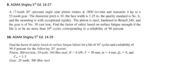 9. AGMA Shigley 5th Ed. 14-27 A 17-tooth 20°-pressure angle spur pinion rotates at 1800 rev/min and transmits 4 hp to a 52-to