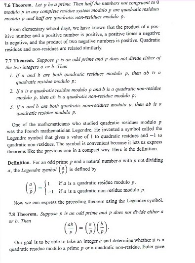7.6 Theorem. Let p be a prime. Then half the numbers not congruent to 0 modulo p in any complete nesidue system modulo p are