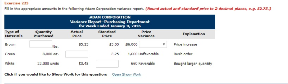 Exercise 223 Fill in the appropriate amounts in the following Adam Corporation variance report. (Round actual and standard pr