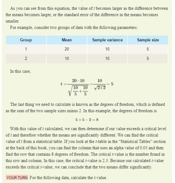 As you can see from this equation, the value of t becomes larger as the difference between the means becomes larger, or the s