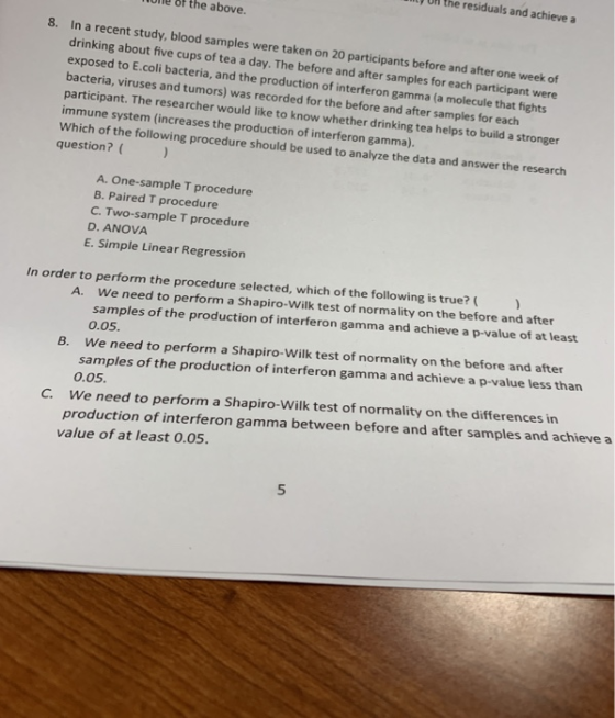 ) Ul the residuals and achieve a Une &f the above. In a recent study, blood samples were taken on 20 participants before and