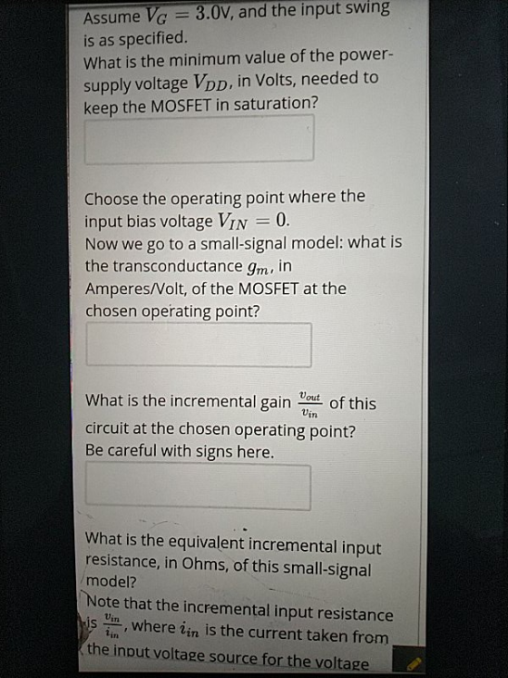 Assume Vc 3.0V, and the input swing is as specified. What is the minimum value of the power- supply voltage VDD, in Volts, ne