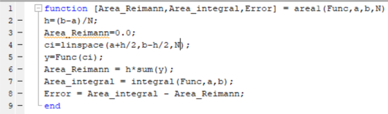 |function [Area_Reimann, Area_integral, Error] h= (b-a)/N Area Reimann-0.0; ci-linspace (a+h/2,b-h/2,N); yFunc (ci) Area_Reim