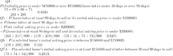 Q4 $250000 home takes under 30 days P(Initially price is under $150000 or over 536966+74 or over 90 days) 0.4825 263 280 Q5 P
