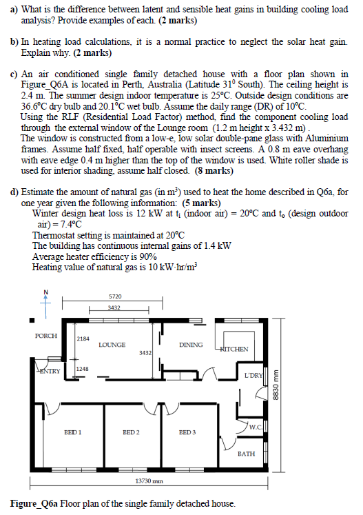 a) What is the difference between latent and sensible heat gains in building cooling load analysis? Provide examples of each