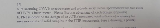 15. a. A scanning UV/Vis spectrometer and a diode array uv vis spectrometer ane two kinds of UV/Vis instruments. Please list