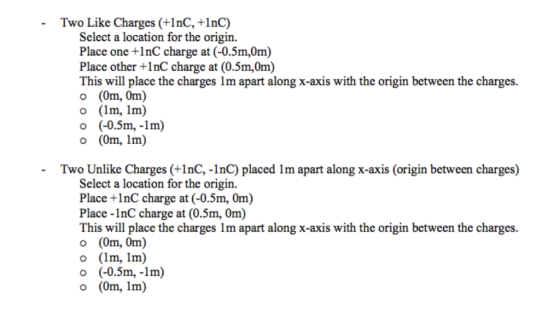 Two Like Charges (+1nC, +1nC) Select a location for the origin Place one +1nC charge at (-0.5m,0m) Place other +1nC charge at