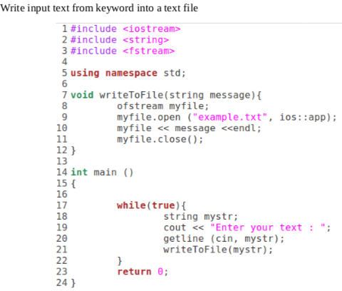 Write input text from keyword into a text file 1#include 2#include 3#include 4 <iostream> <string> <fstream> 5 using namespac
