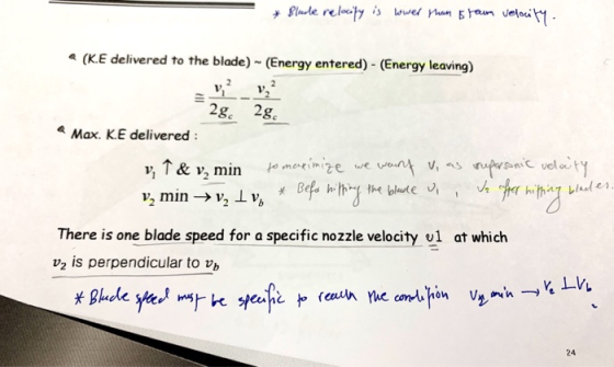 (K.E delivered to the blade) (Energy entered) - (Energy leaving) 2g. 2ge Max. KE delivered There is one blade speed for a spe