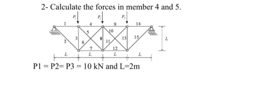 2- Calculate the forces in member 4 and 5 P 14 4 10 5 15. I. 13 11 2 6 12 7 L L I. IL Pl P2 P3 = 10 kN and L-2m