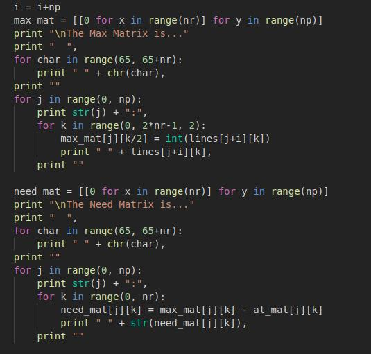 max mat [I0 for x in range (nr)] for y in range (np)l print nThe Max Matrix is. print , for char in range (65, 65+nr): pri