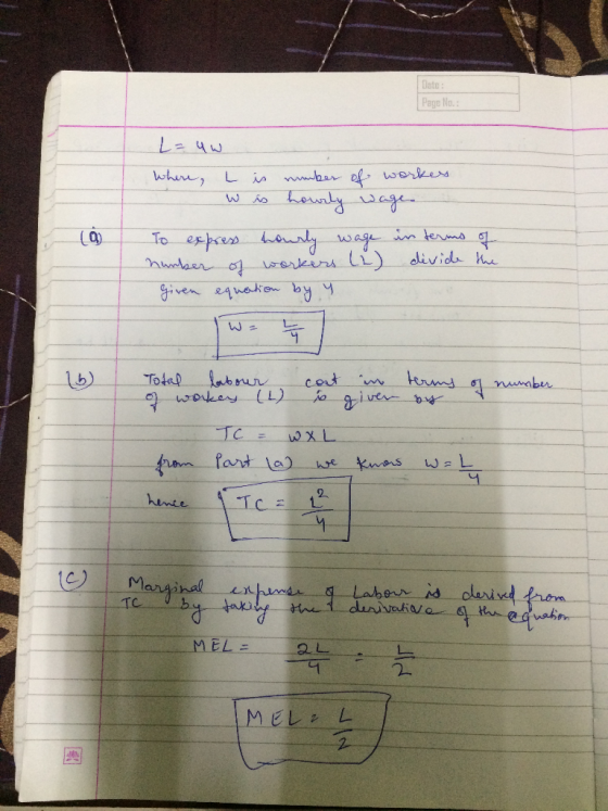 Dato: Page No whre L is mbar el workes Lenty wag W terms 1 divid hu To expces hnly wage nucdaen ao] sereirs LL given 24wako b