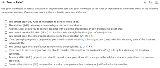 14. True or False Aa Aa Use your knowledge of natural deduction in propositional logic and your knowledge of the rules of imp